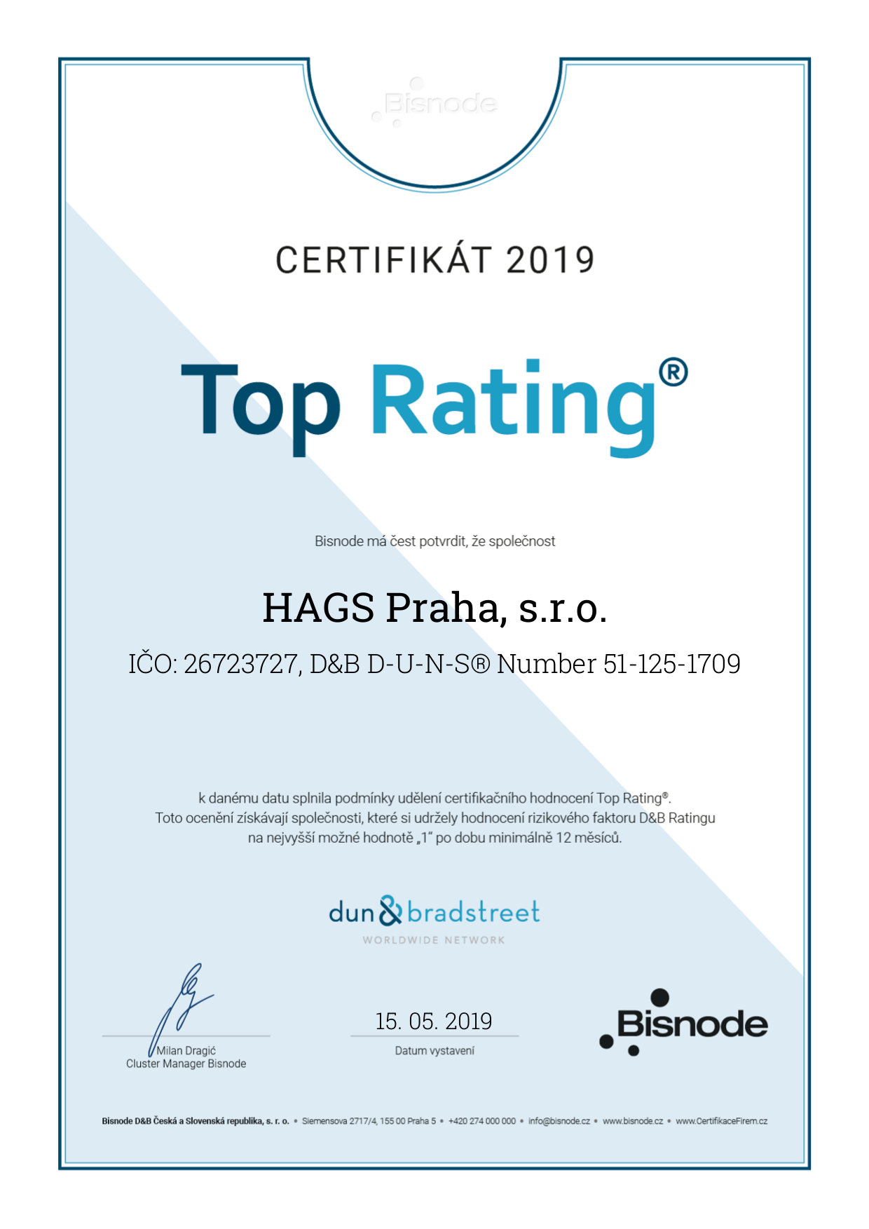 Certifikát Top Rating 2019